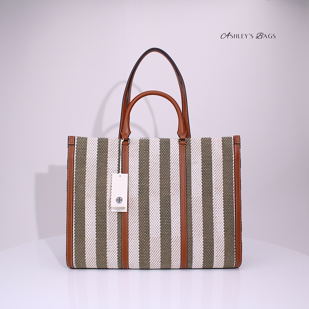 Tory Burch Blake Jumbo Striped Tote In Grove Green - Picture 4 of 8